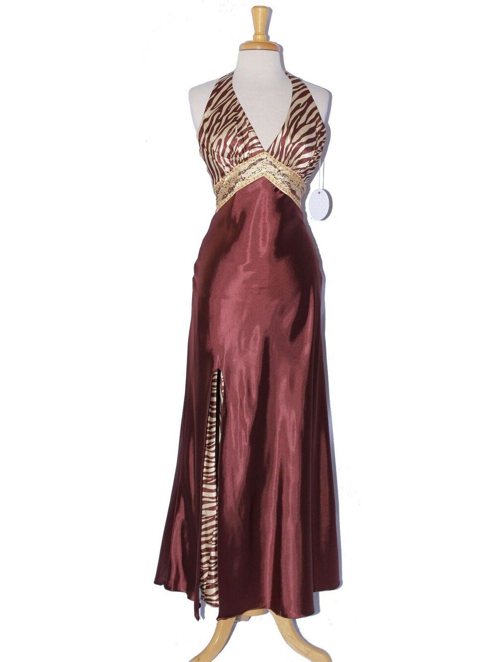 MayQueen #603 Long Tiger Print Satin Prom Gown -Size 4-CHOCOLATE & GOLD-NWT